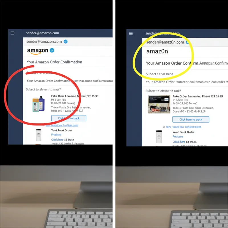 Side-by-side comparison showing amazon.com vs amaz0n.com - highlight the zero