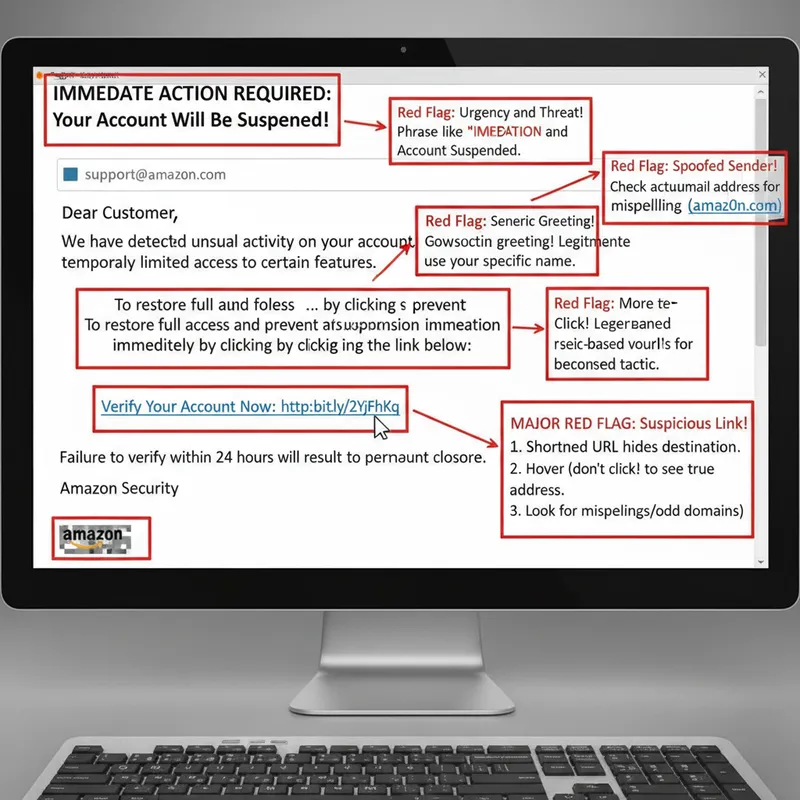 Example phishing email with annotations pointing out the red flags - urgency, spoofed sender, suspicious link