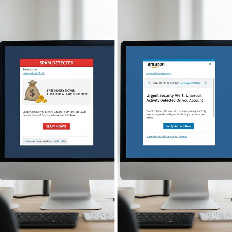 Two emails side by side - obvious spam vs sophisticated phishing. The spam is caught, the phishing isn't.