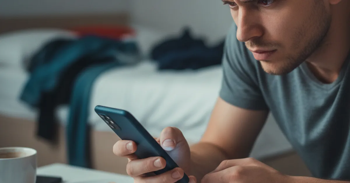 A person looking stressed while reading a message on their phone, illustrating the emotional response scammers exploit
