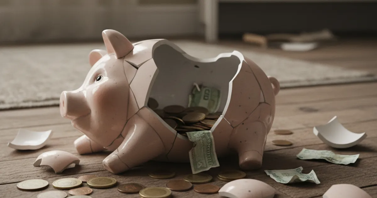A broken piggy bank with scattered coins symbolising the financial impact of a phishing attack