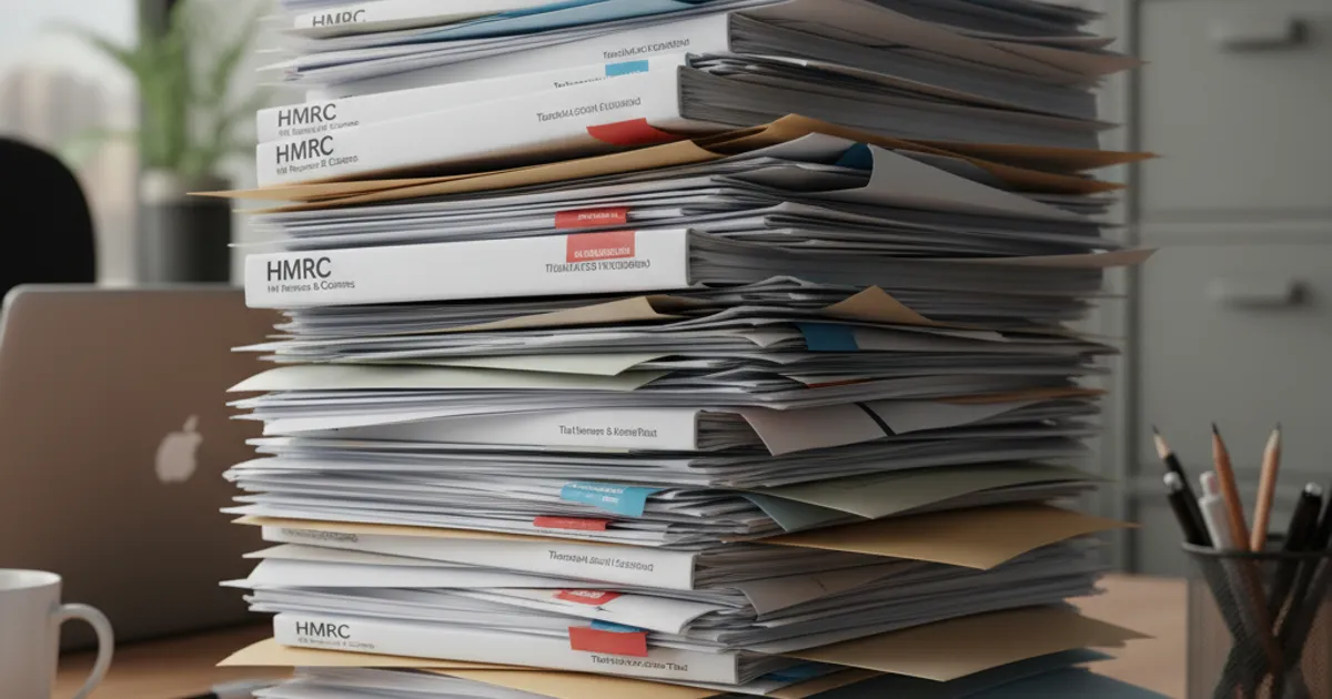Stack of UK tax documents and paperwork on a desk, representing HMRC correspondence