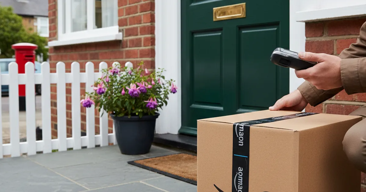 A brown parcel sitting on a doorstep next to a front door, representing a delivery notification