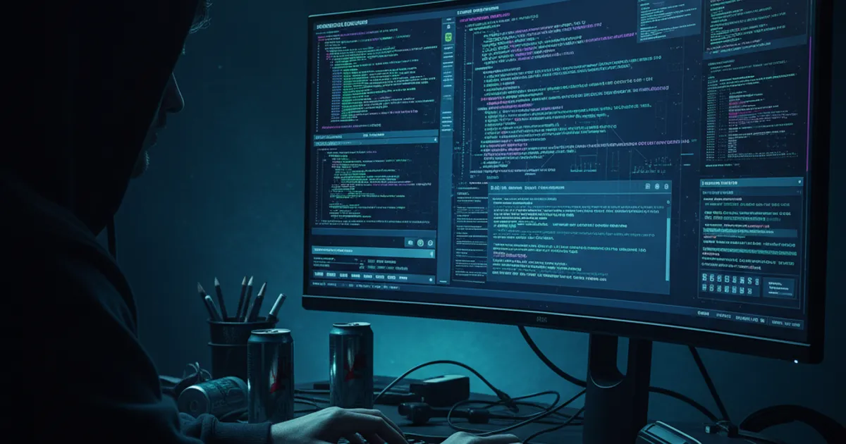 A dark screen displaying lines of code, representing cyber threats and email scam operations