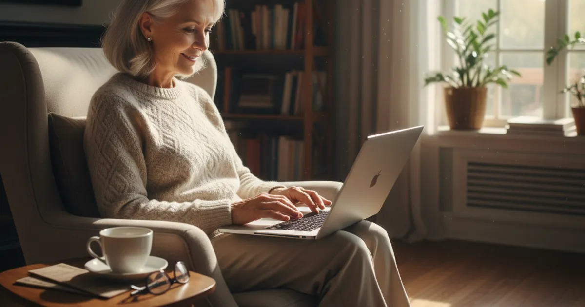 An older person sitting at a kitchen table using a laptop computer, looking at the screen thoughtfully
