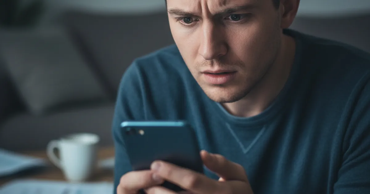 A person looking at their phone screen with a concerned expression, in a dimly lit room